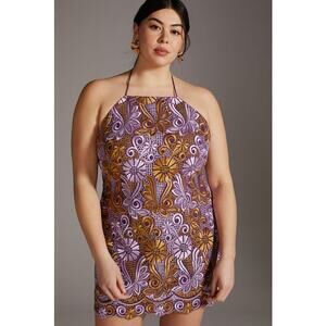 Anthropologie Embroidered Printed Floral Halter Mini Dress Size 14